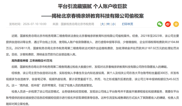 温婉春楠税务违规被罚 官方未点名封号